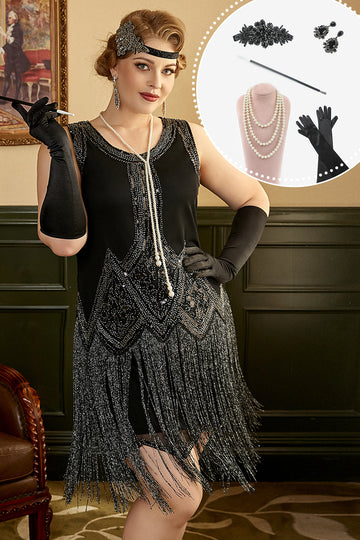 Noir Fringes 1920s Plus Taille Gatsby Robe avec 20s Accessoires Set